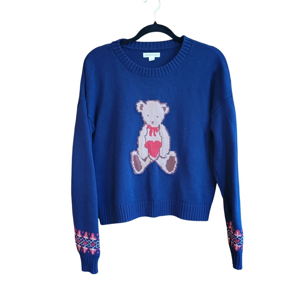 Aeropostale Teddy Bear Sweater Blue Knit Graphic Coquette Cute Preppy Small